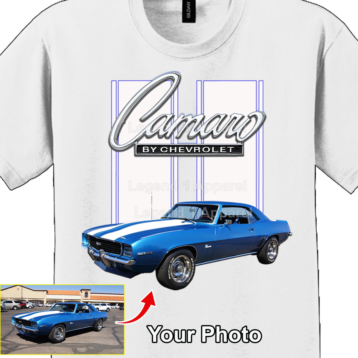 Your Classic Car or Hot Rod custom made T-shirt. Send us a picture of your car. Camaro by Chevrolet
