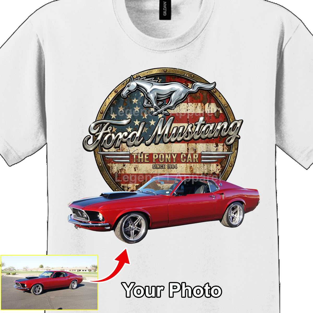 Your Classic Car or Hot Rod custom made T-shirt. Send us a picture of your car. Mustang pony car since 1964