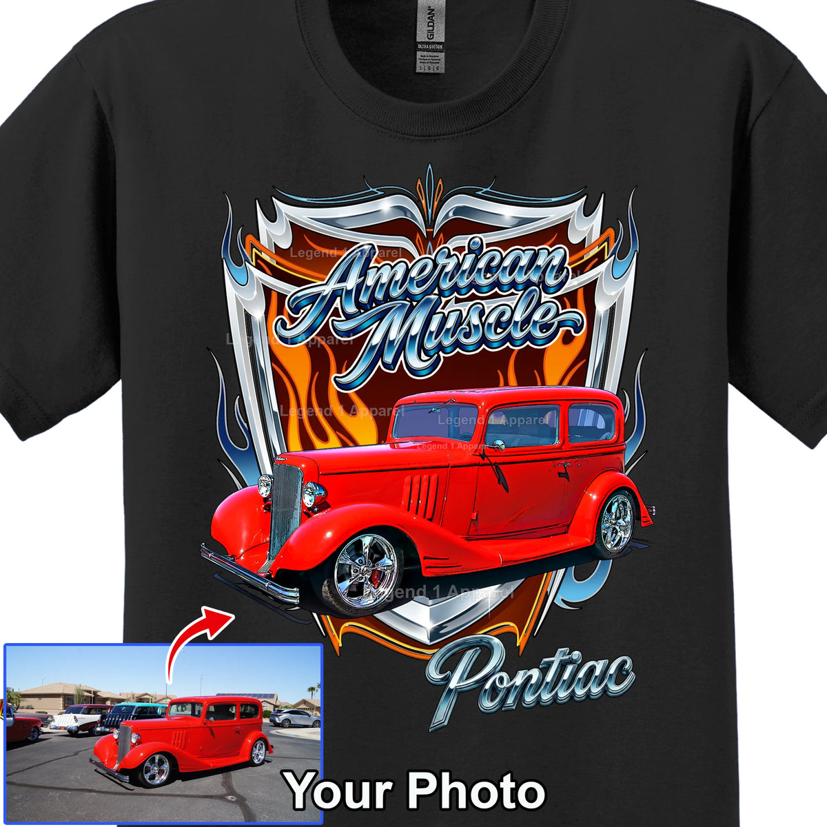 Your Classic Car or Hot Rod custom made T-shirt. Send us a picture of your car, American muscle background