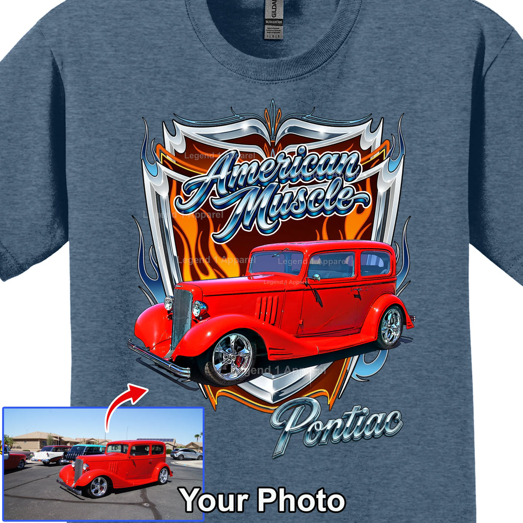 Your Classic Car or Hot Rod custom made T-shirt. Send us a picture of your car, American muscle background