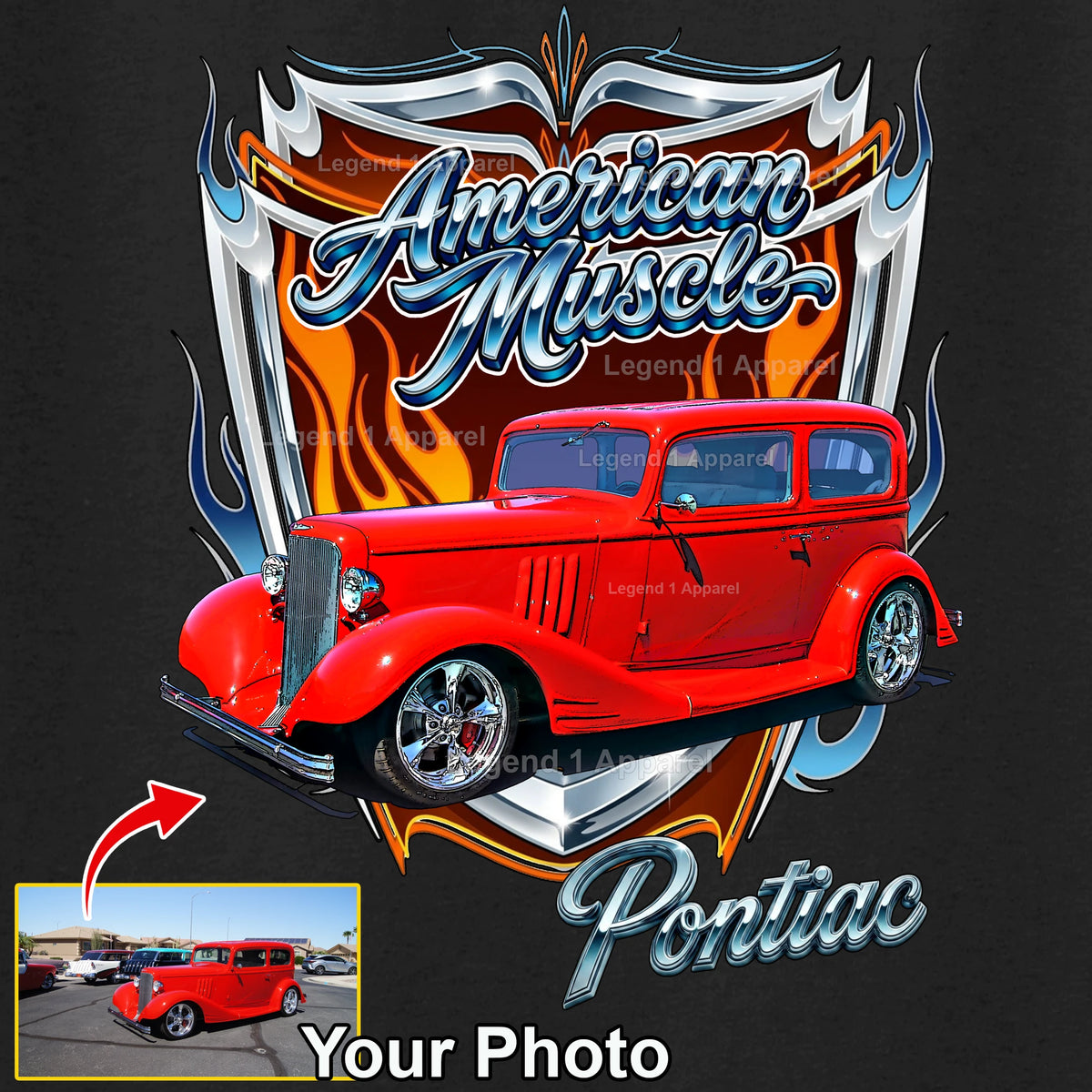 Your Classic Car or Hot Rod custom made T-shirt. Send us a picture of your car, American muscle background
