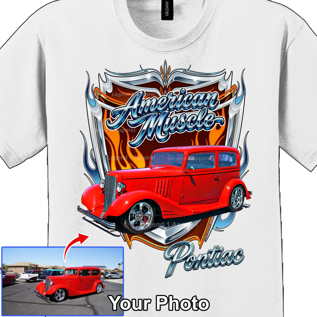 Your Classic Car or Hot Rod custom made T-shirt. Send us a picture of your car, American muscle background