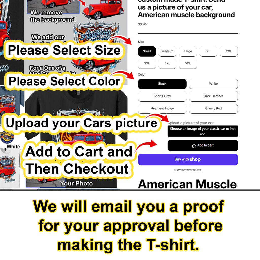 Your Classic Car or Hot Rod custom made T-shirt. Send us a picture of your car, American muscle background