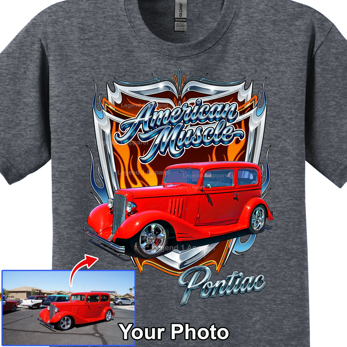 Your Classic Car or Hot Rod custom made T-shirt. Send us a picture of your car, American muscle background