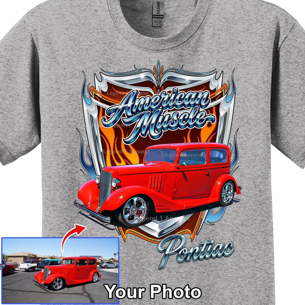 Your Classic Car or Hot Rod custom made T-shirt. Send us a picture of your car, American muscle background
