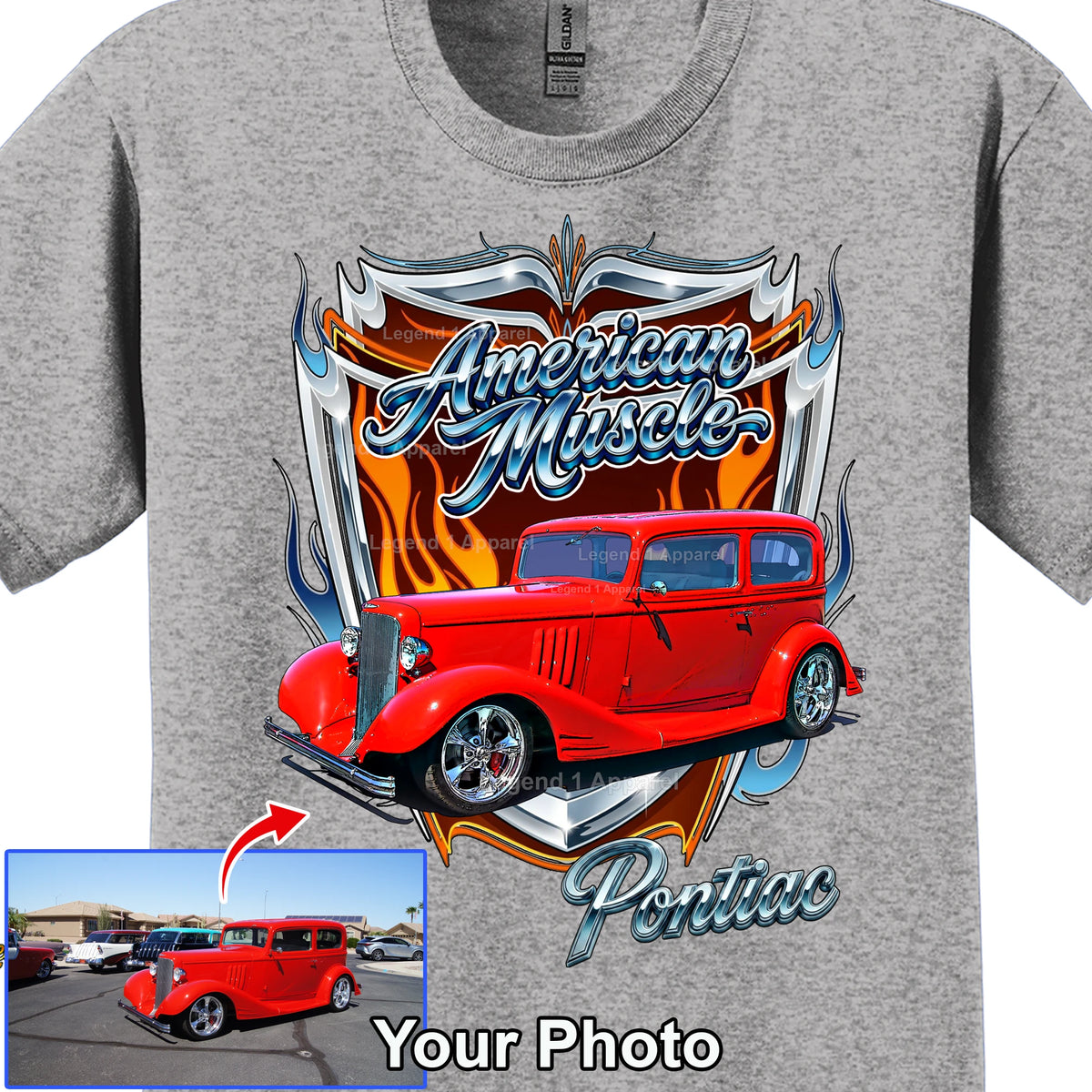 Your Classic Car or Hot Rod custom made T-shirt. Send us a picture of your car, American muscle background